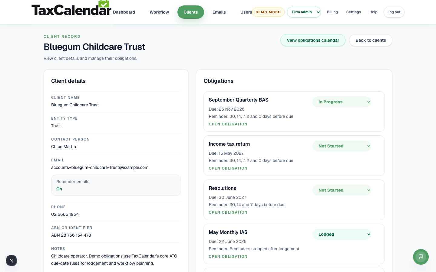 TaxCalendar's client record for a trust, showing its BAS, income tax return and other obligations tracked individually.