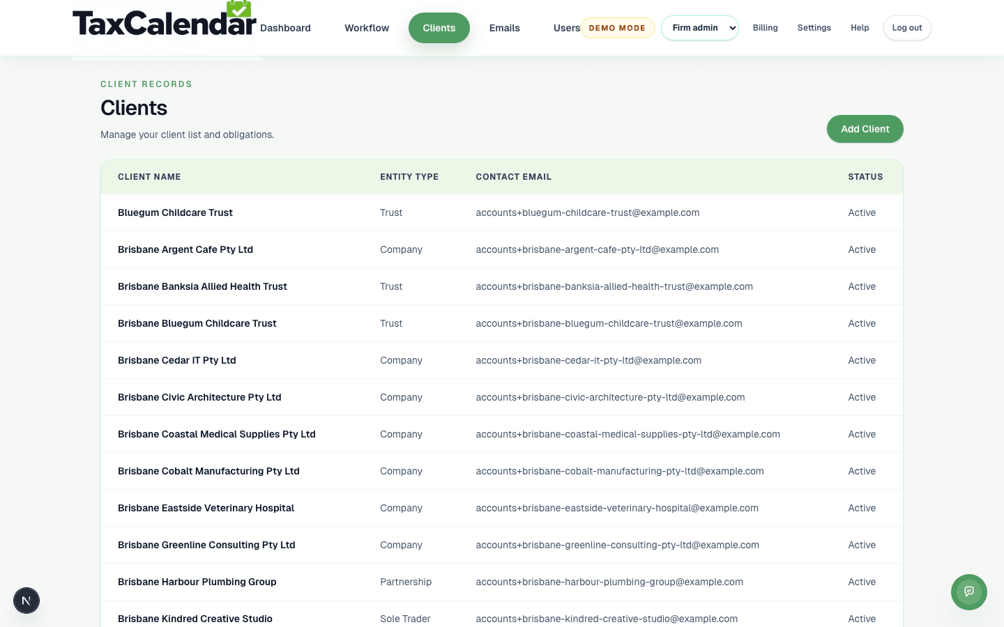 TaxCalendar's client list after import, ready for obligations and reminders to be attached to each client.