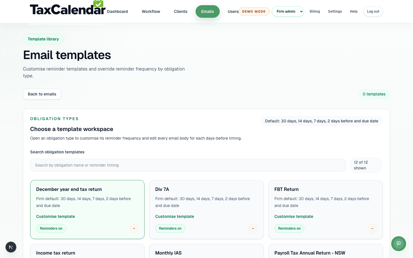 TaxCalendar's reminder template library, showing the default reminder schedule for each obligation type.