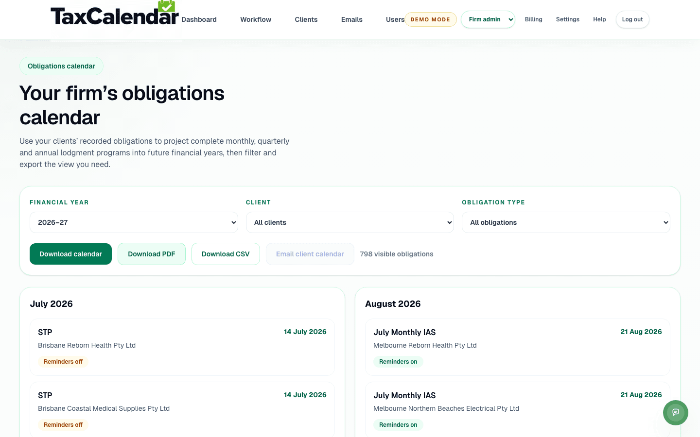 Client Obligations Calendars
