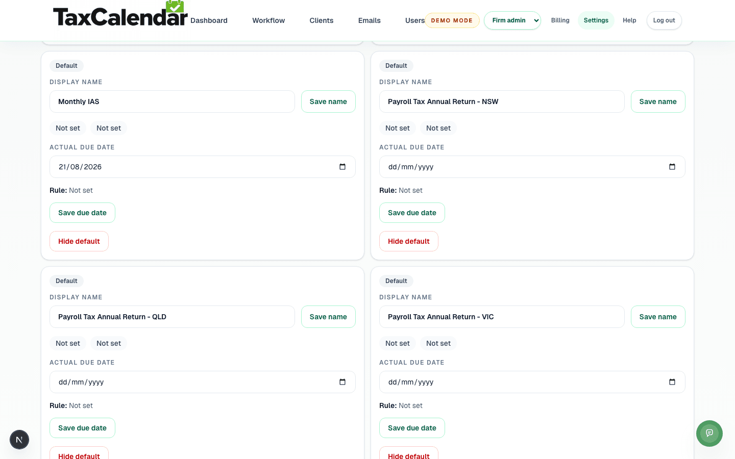TaxCalendar's obligation settings showing the firm's Quarterly BAS due date configured directly against the obligation type.