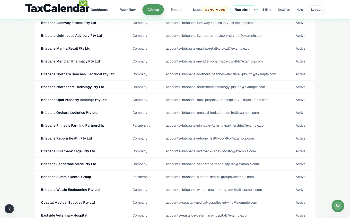 TaxCalendar's client list showing company clients tracked alongside their entity type, ready to be allocated a manager and obligations.