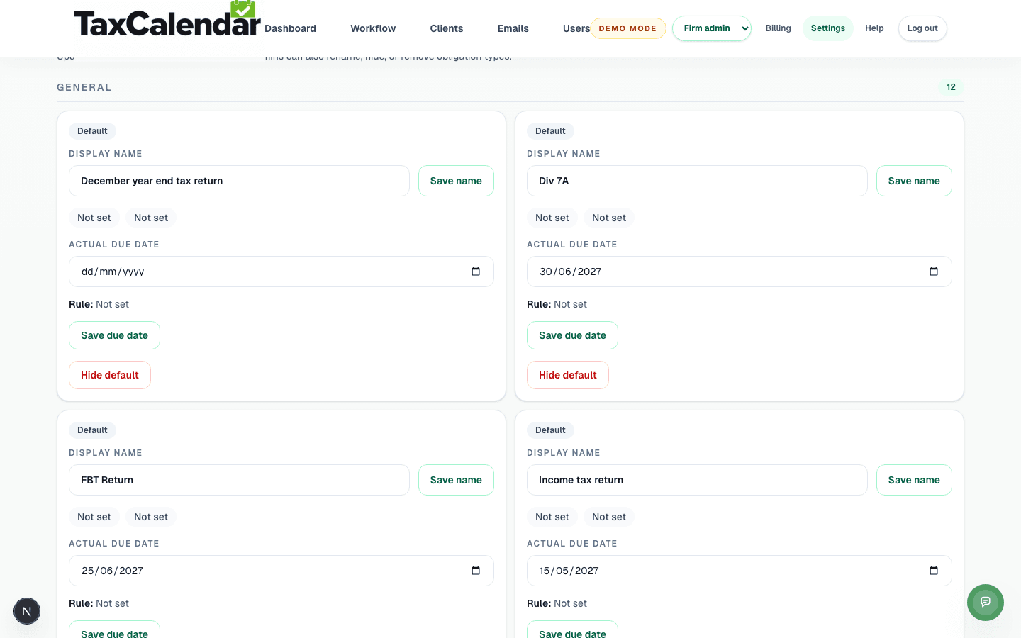 TaxCalendar's obligation settings showing the FBT Return due date configured for the client's FBT year.