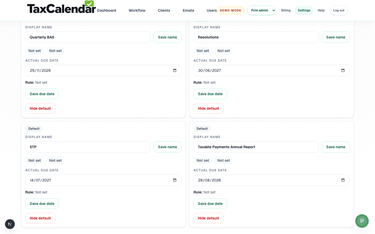 TaxCalendar's obligation settings showing separate Payroll Tax Annual Return obligation types configured for NSW, QLD and VIC.