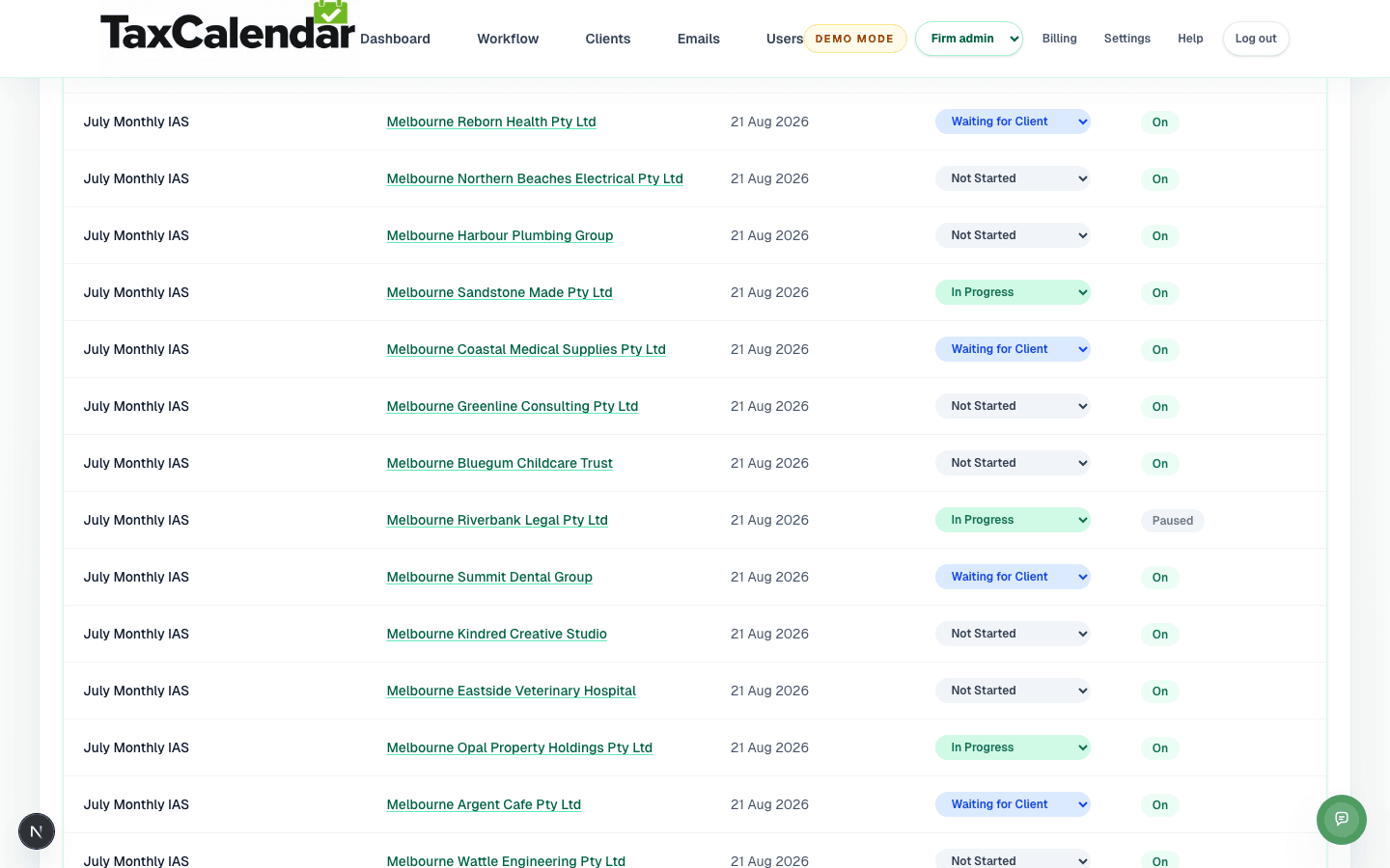 TaxCalendar's obligation list showing Monthly IAS obligations tracked separately for each client, with due date and status.