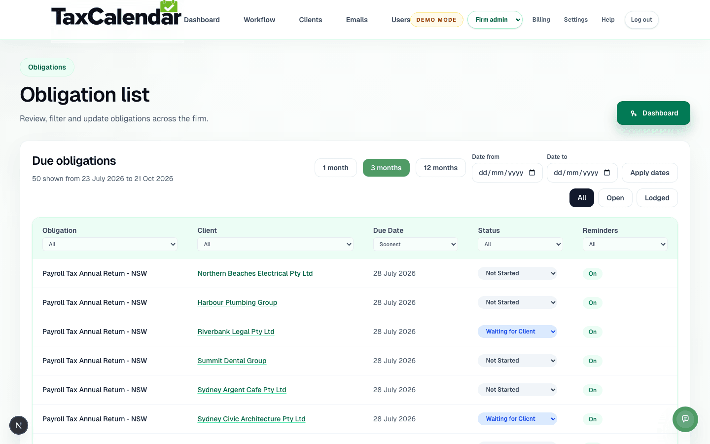TaxCalendar's shared obligation list, giving every manager and partner the same live view instead of one person's inbox or spreadsheet.