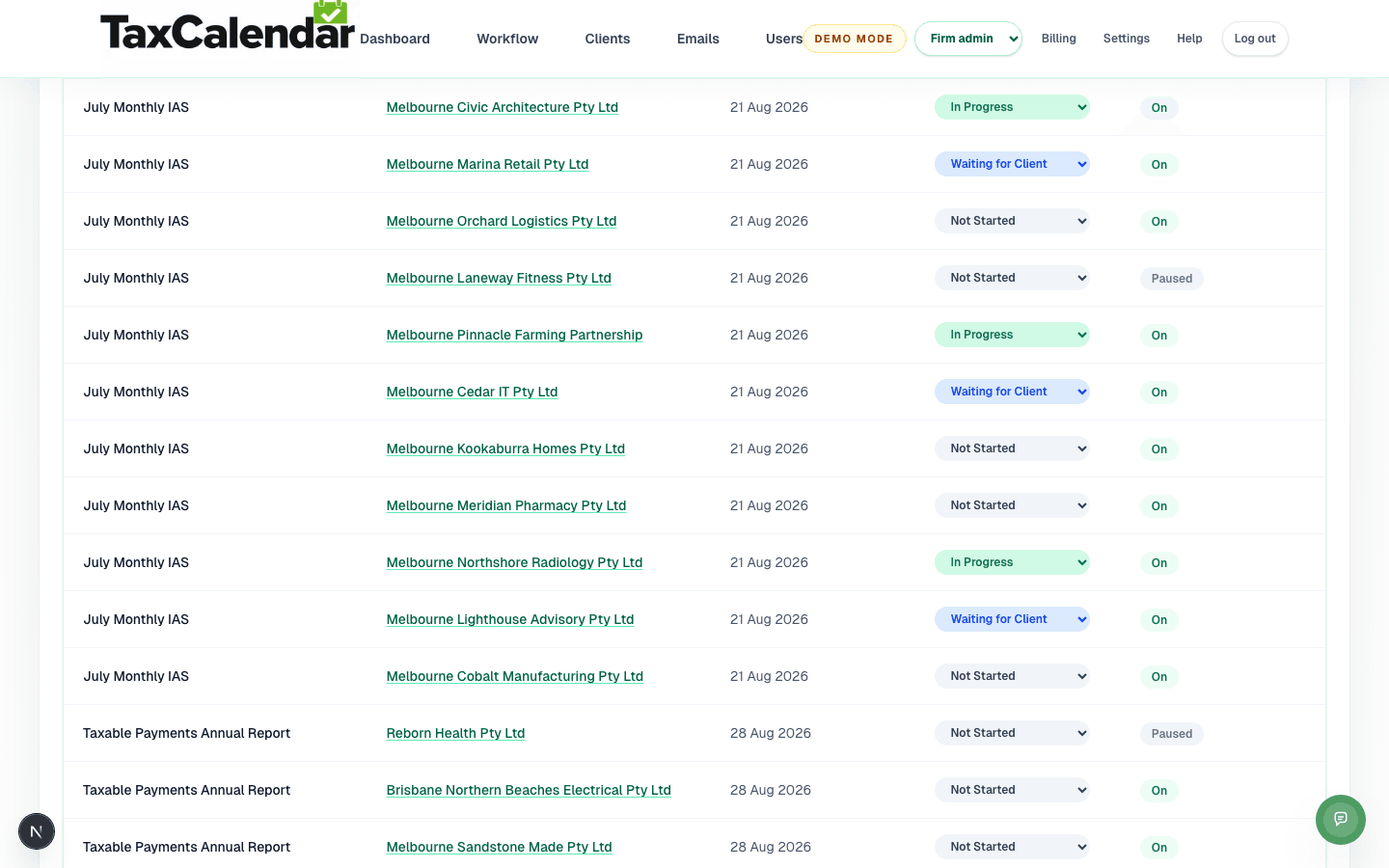 TaxCalendar's obligation list showing Taxable Payments Annual Report obligations tracked for each client, with due date and status.