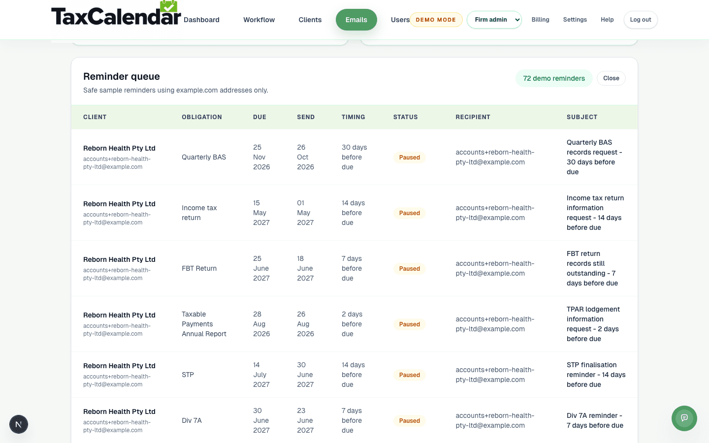 TaxCalendar's reminder queue sends status updates and deadline reminders to clients automatically, ahead of time, without depending on someone remembering to send the email.